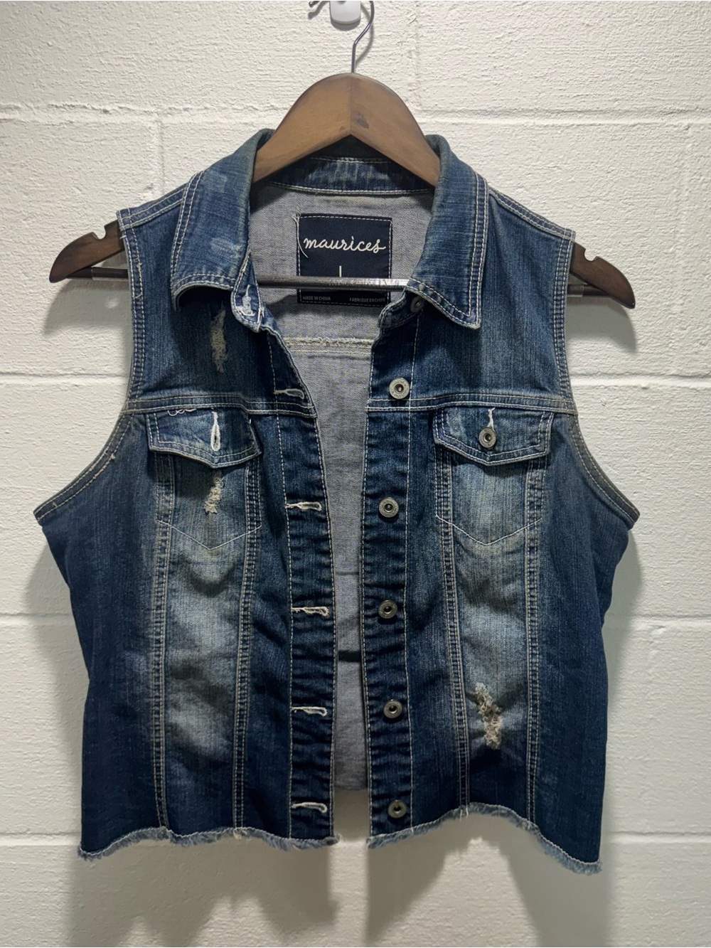 Maurices Distressed Denim Vest Raw Hem Size Large